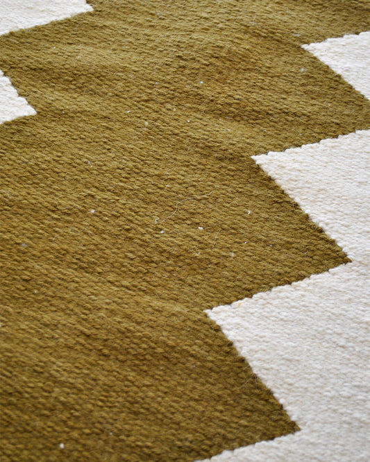 Close-up of the CHACO Mini Rug showing its olive green geometric design woven on a natural wool base.