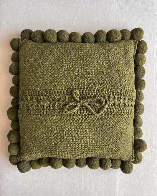Square Pom Pom Cushion – Moss (L)