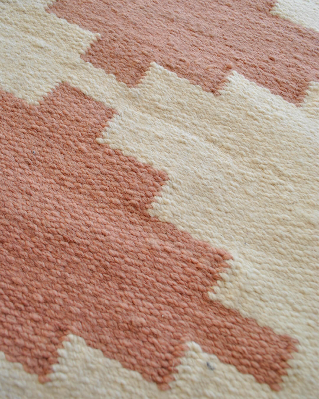 Close-up of the CHACO Mini Rug featuring a geometric pattern in terracotta tones on a natural wool background.
