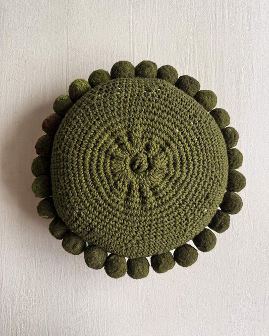 Round Pom Pom Cushion – Moss (M)