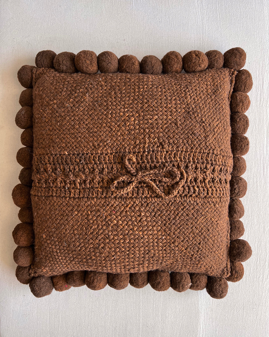 Square Pom Pom Cushion – Chocolate (L)