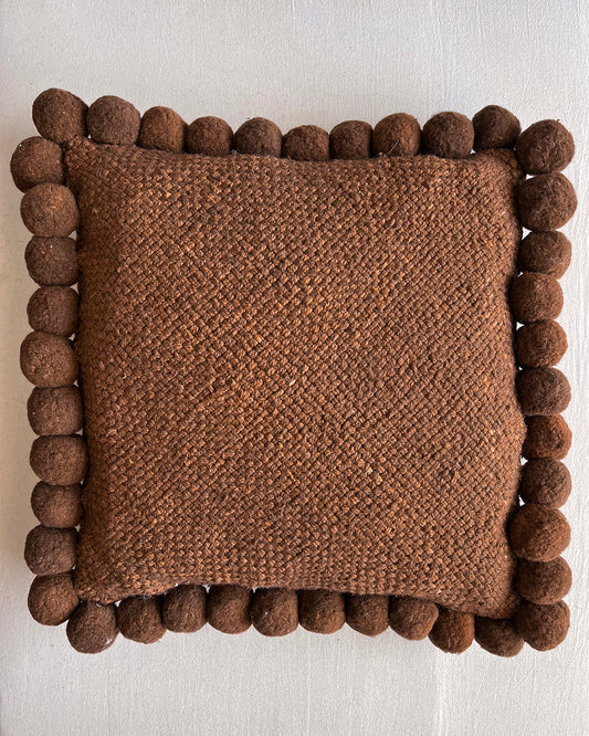 Square Pom Pom Cushion – Chocolate (L)
