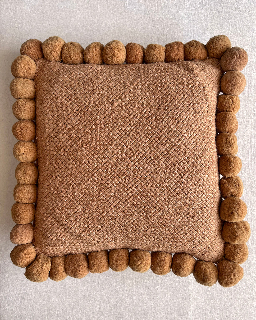 Square Pom Pom Cushion – Camel (L)