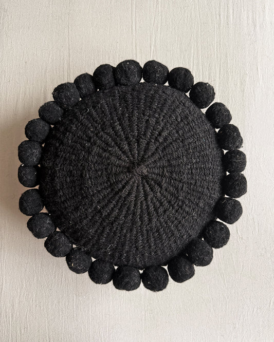 Round Pom Pom Cushion – Black (M)