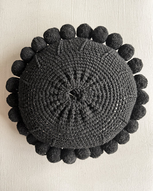 Round Pom Pom Cushion – Black (L)