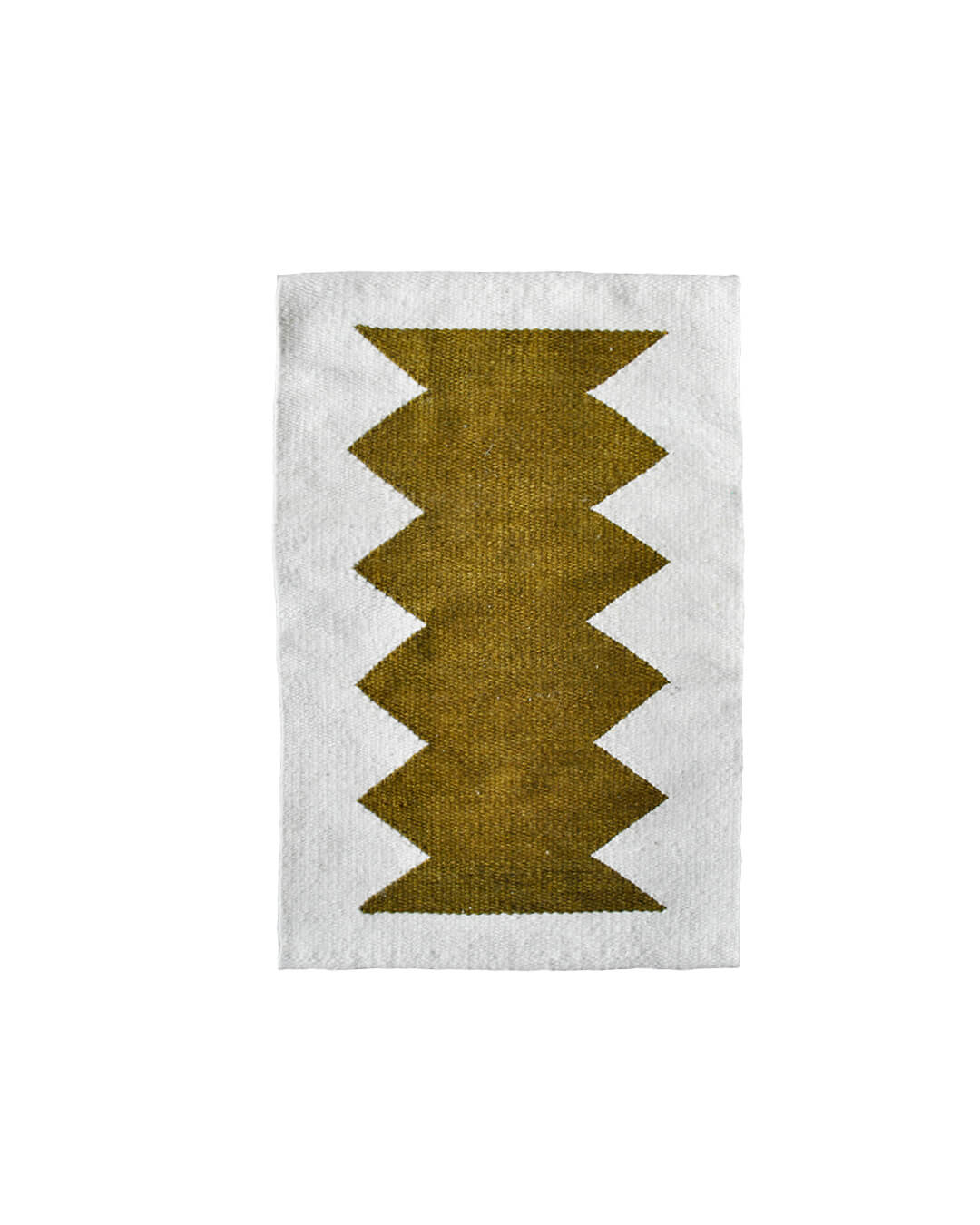Handwoven CHACO Mini Rug featuring an olive green geometric pattern on a natural wool background.