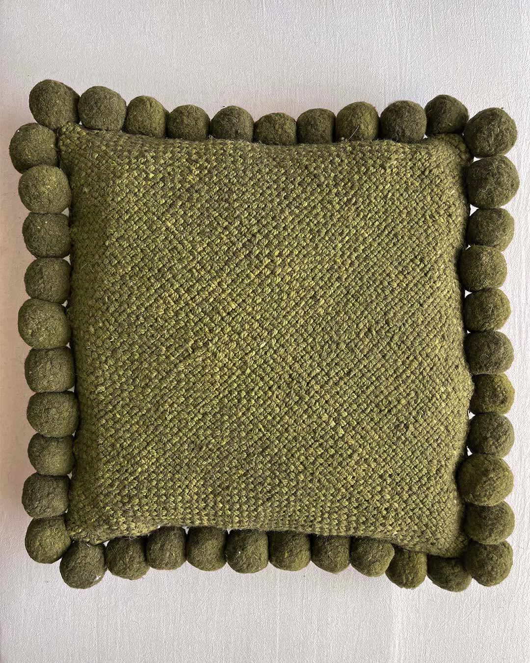 Square Pom Pom Cushion – Moss (L)