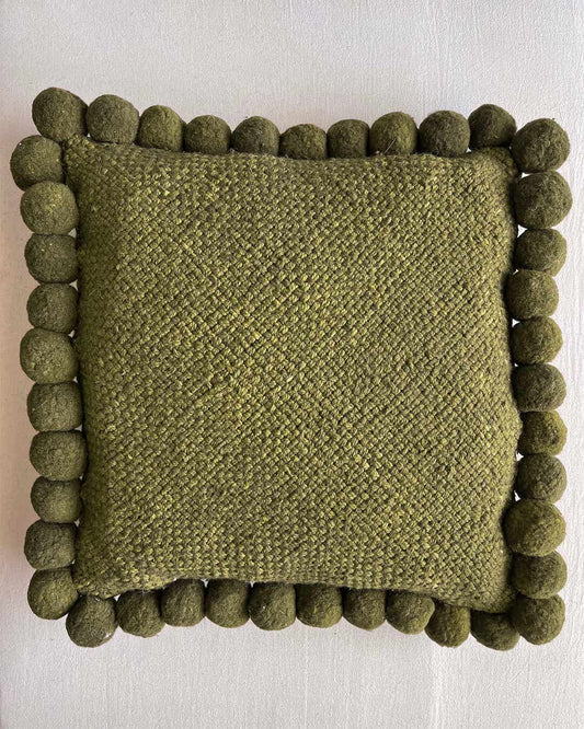 Square Pom Pom Cushion – Moss (L)