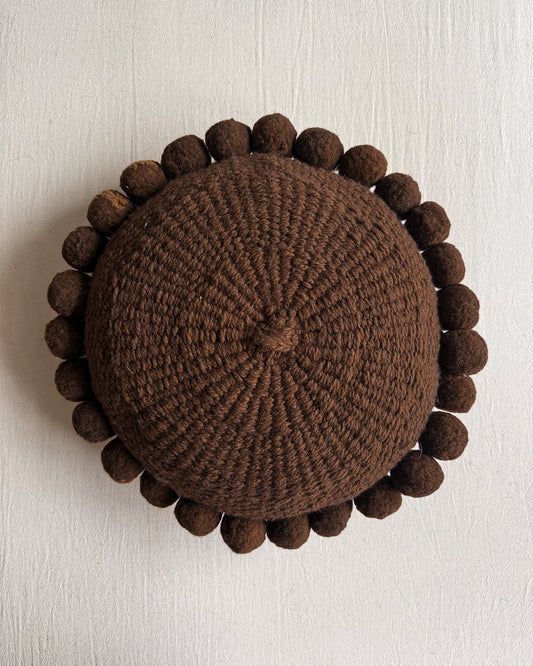 Round Pom Pom Cushion – Chocolate (M)